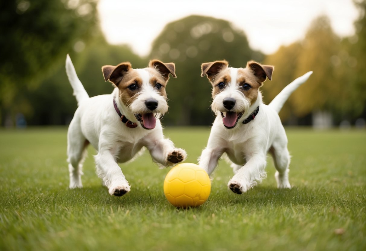Two border terriers playing with a ball in a grassy park