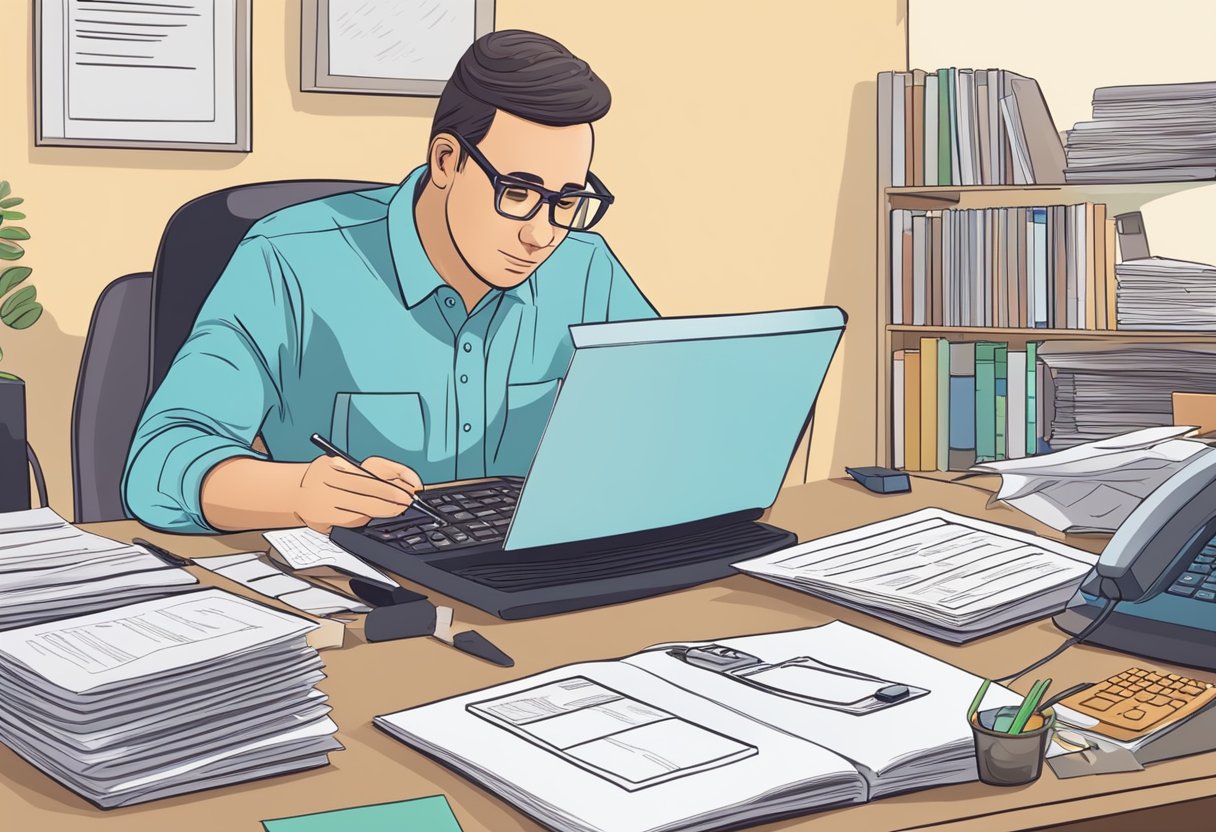 A parent gathers necessary documents and fills out forms at a cluttered desk with a computer and calculator