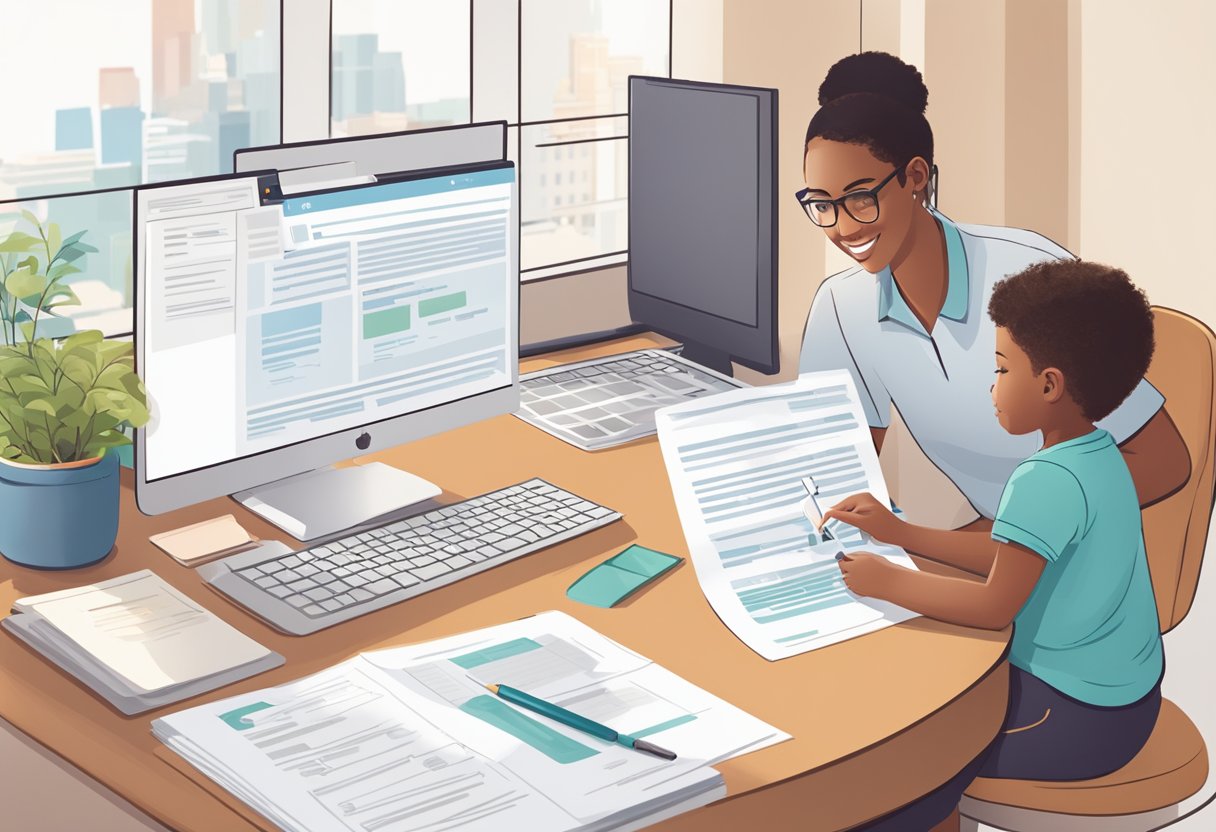 A parent and child complete paperwork at a desk while a computer screen displays the step-by-step process for tax-free childcare application