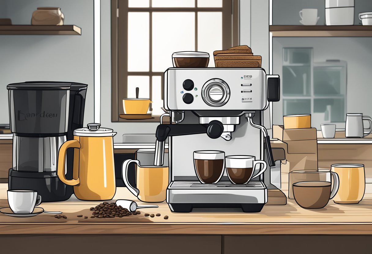 A clutter-free kitchen counter with a sleek, user-friendly espresso machine, a bag of freshly ground coffee, and a stack of clean mugs