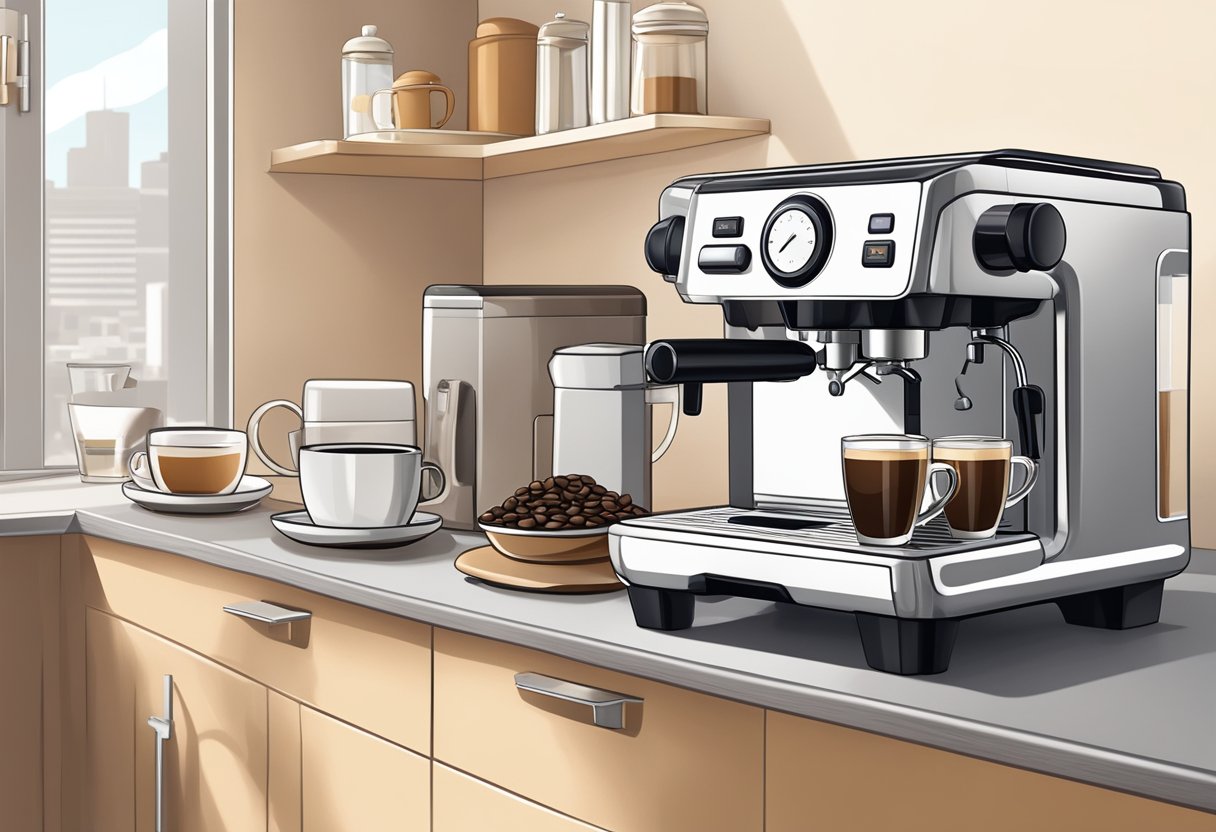 A cozy kitchen counter with a modern espresso machine, a bag of fresh coffee beans, and a set of sleek espresso cups on display