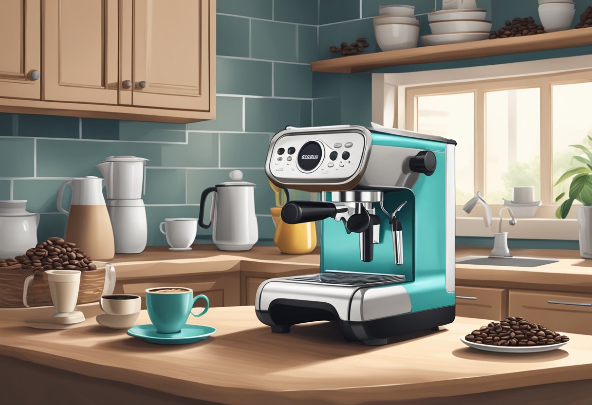 A kitchen countertop with a sleek espresso machine, a bag of coffee beans, and a frothing pitcher