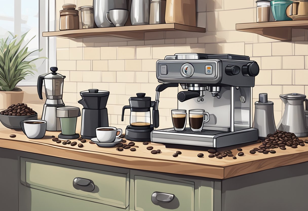 A cluttered countertop with an espresso machine, milk frother, tamper, and coffee grinder. Beans spill from a bag, and a stack of cups sits nearby