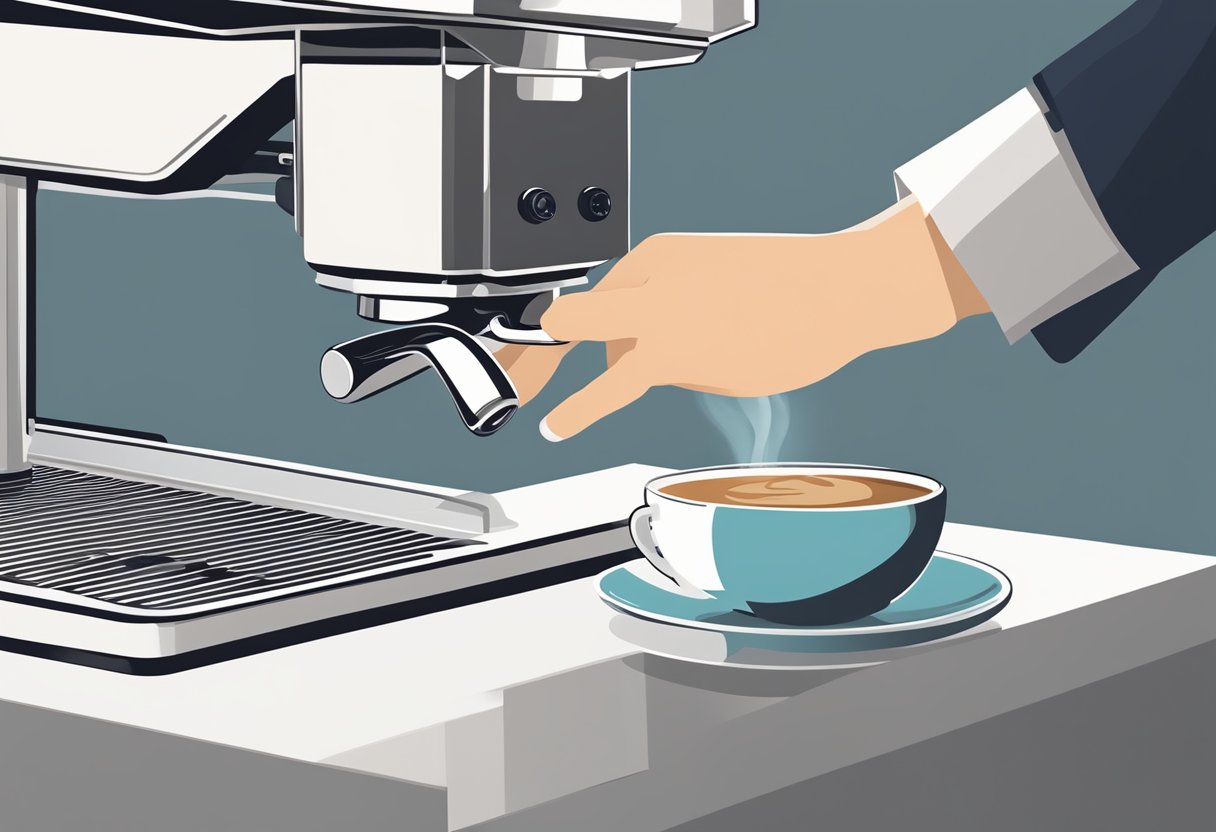 A hand reaching for a freshly brewed espresso from a sleek, modern espresso machine on a clean, minimalist kitchen counter