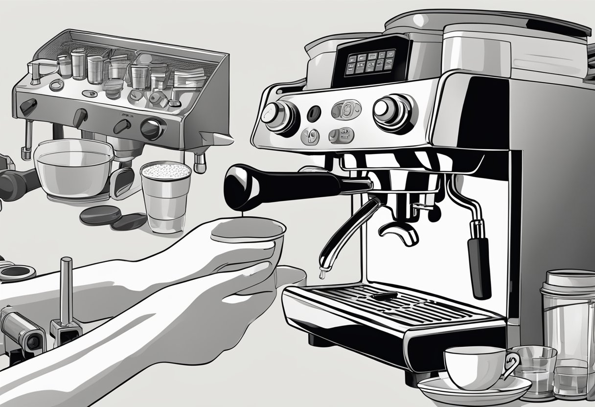 A hand reaching for an espresso machine, opening it, cleaning the inside, descaling the components, and reassembling it for use