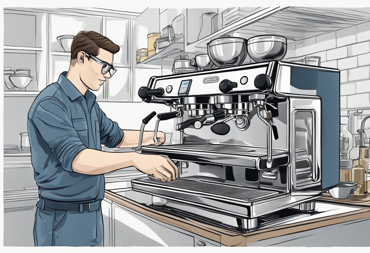 A technician disassembles and cleans an espresso machine, checking and replacing parts as needed