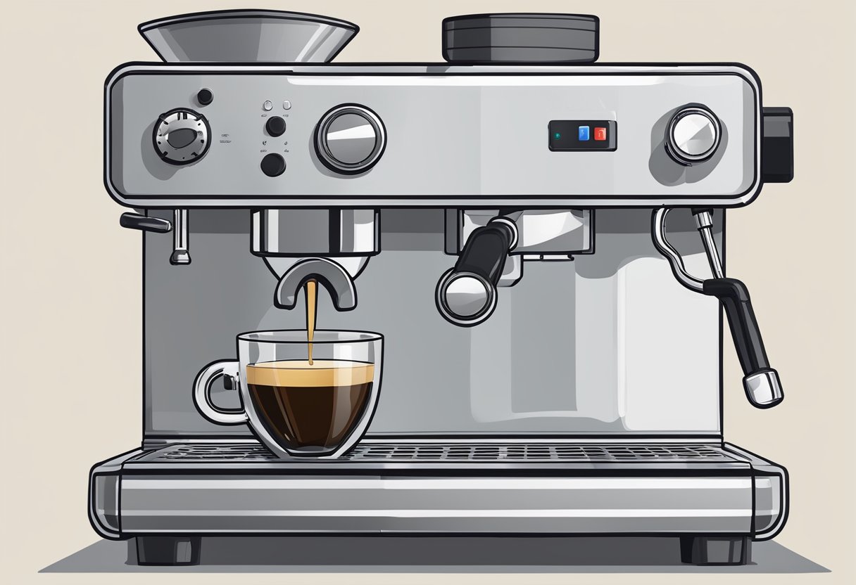 Steam rising from a small espresso machine as descaling solution runs through the internal components, with a small cup placed underneath to catch the liquid