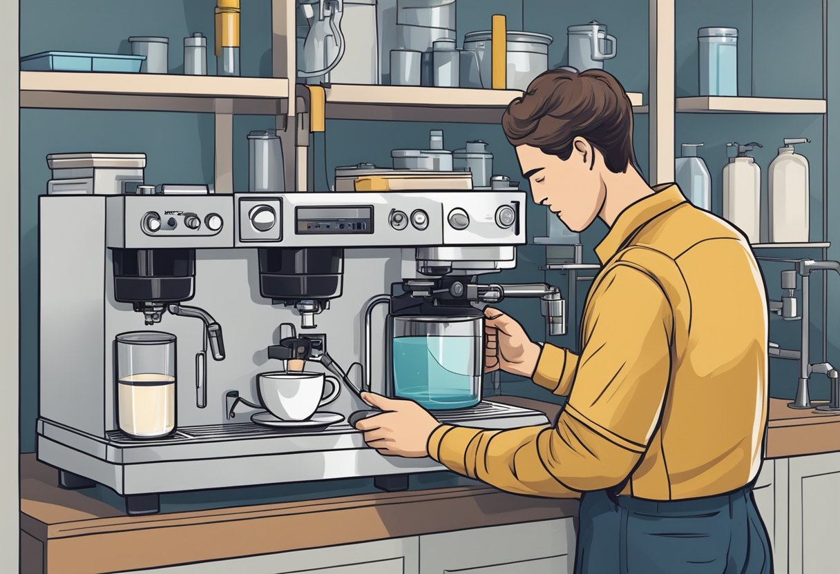 A technician performs routine maintenance on a water filtration system connected to an espresso machine