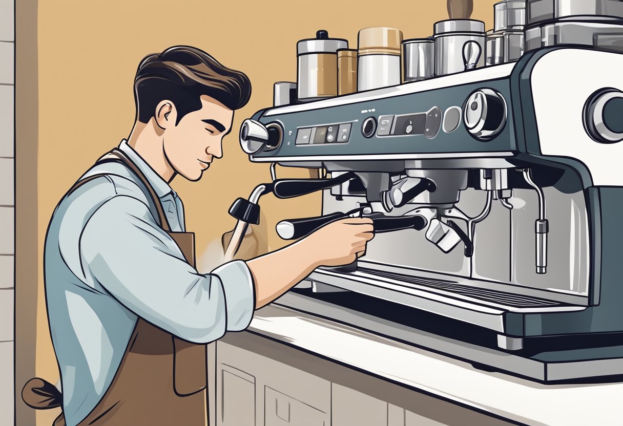 A barista carefully cleans and maintains the steam wand and group head of an espresso machine, using a brush and cleaning solution