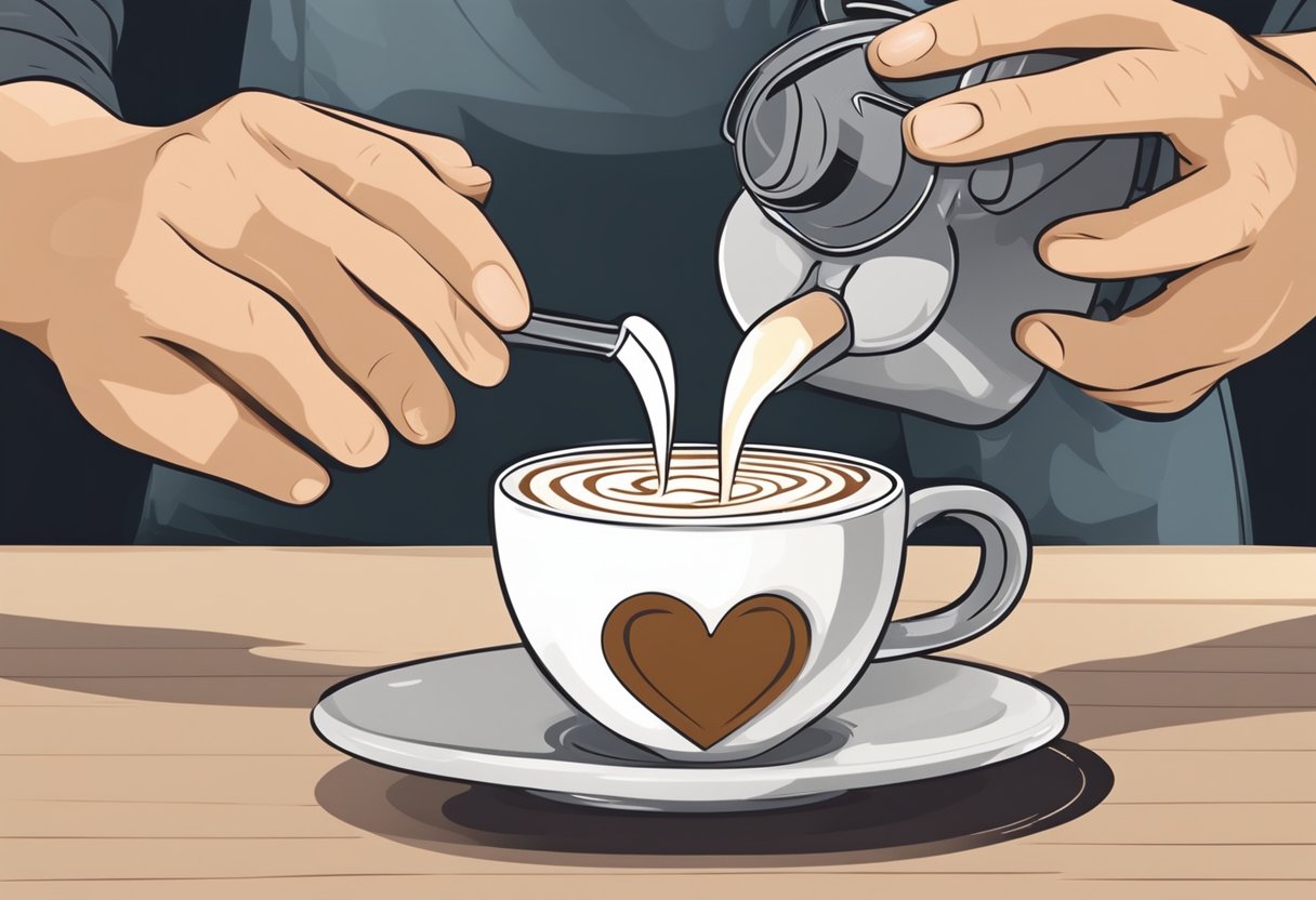 A barista carefully pours steamed milk into espresso, creating a heart-shaped design on the surface of a latte