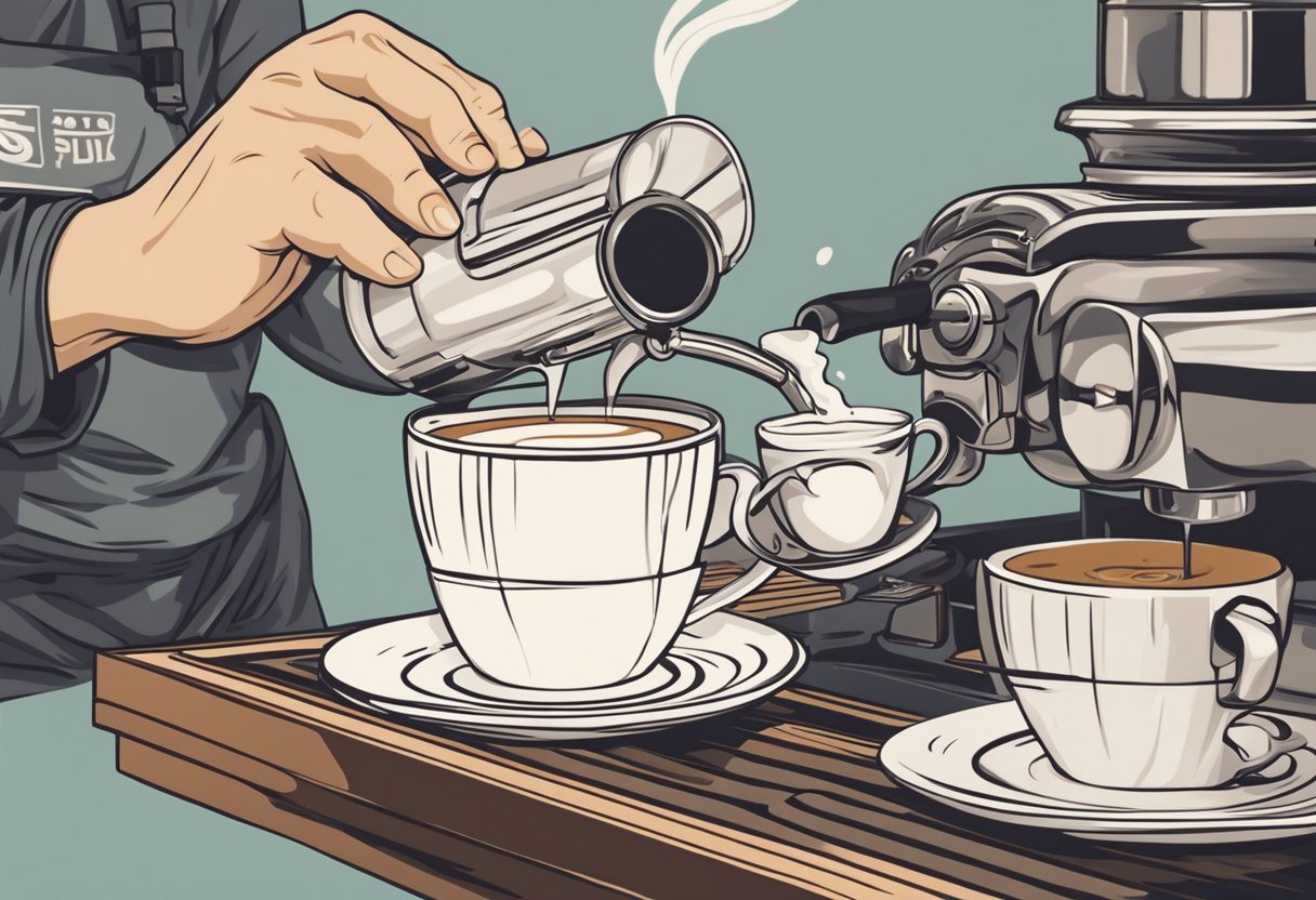 A barista pours steamed milk into espresso, creating intricate latte art designs with a steady hand