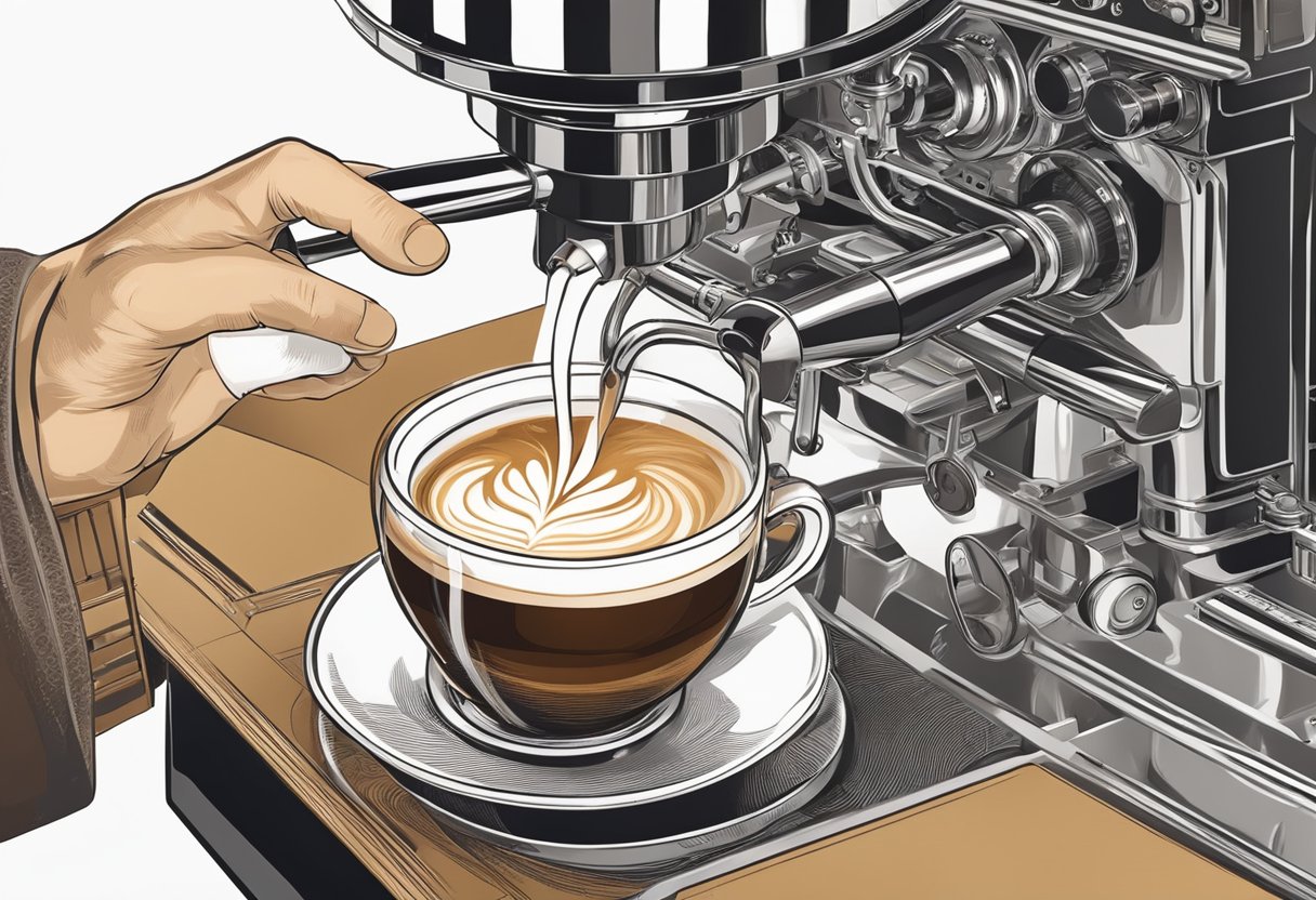 A barista expertly pours steamed milk into espresso, creating intricate latte art with precision and skill
