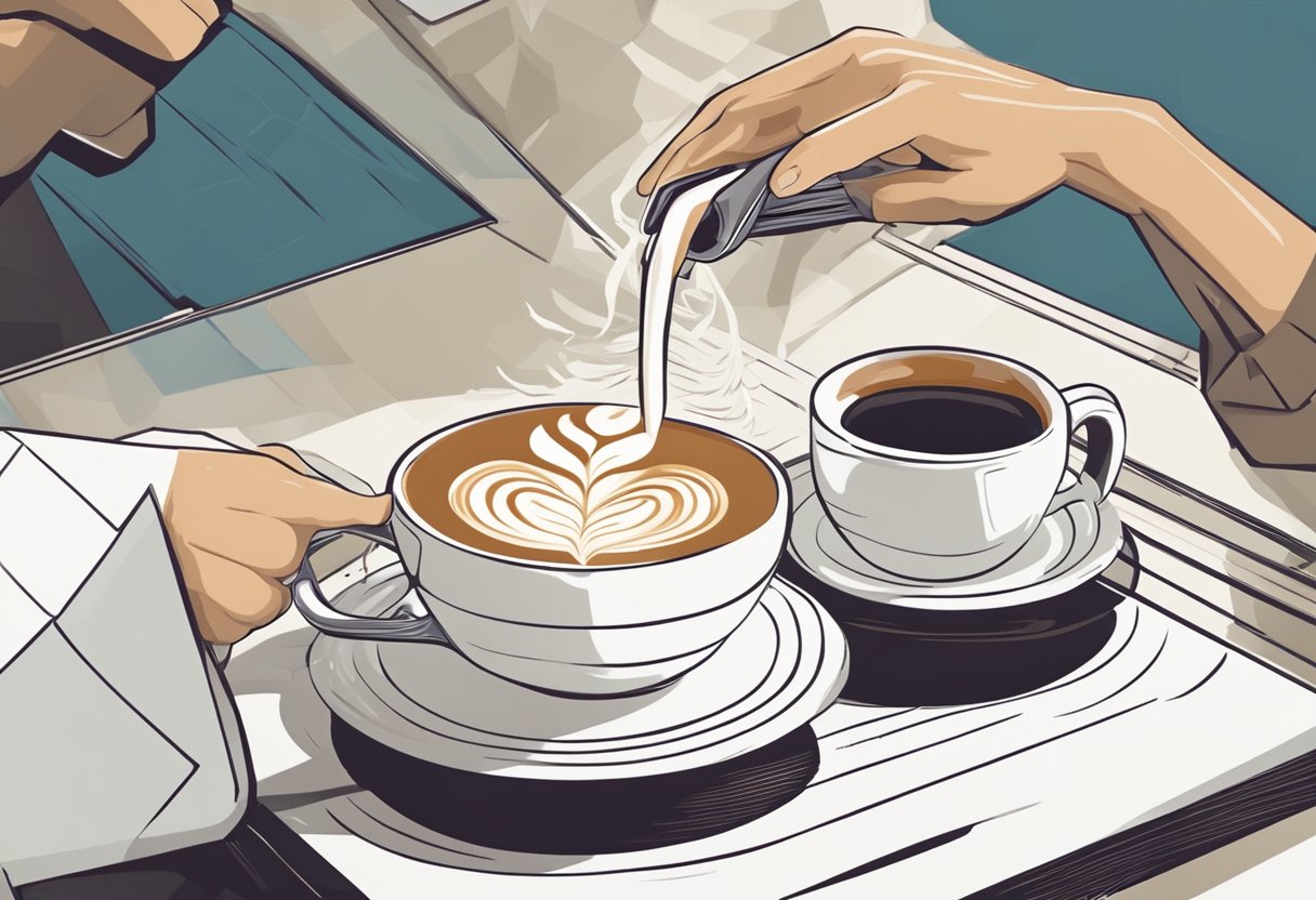 A barista expertly pours steamed milk into a cup of espresso, creating intricate latte art with precise movements