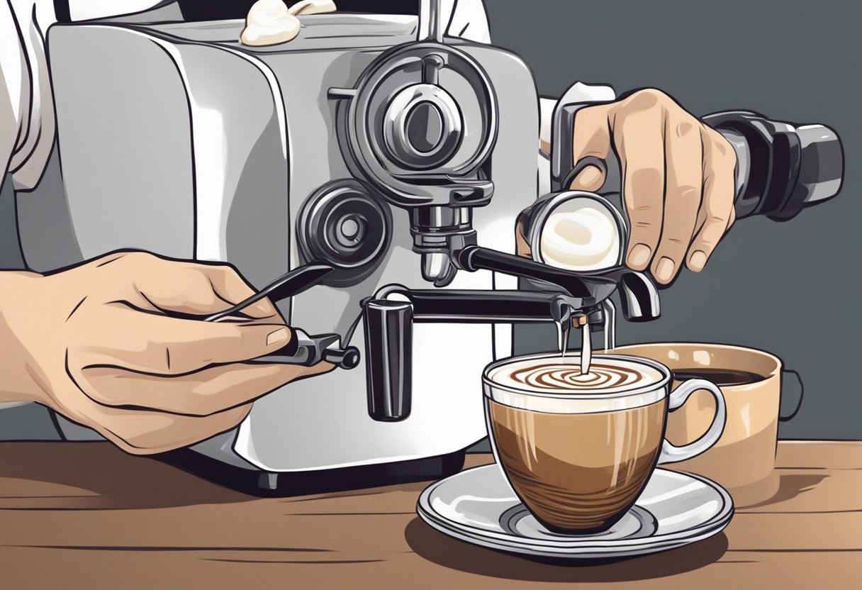 A barista pours steamed milk into a cup of espresso, creating a delicate and intricate latte art design