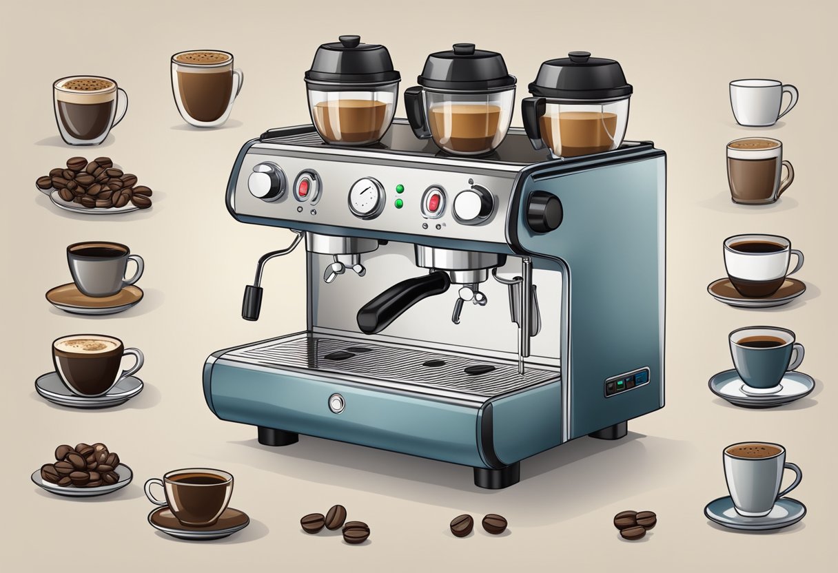 An espresso machine with two separate buttons: one for semi-automatic and one for automatic operation, surrounded by steaming cups and coffee beans