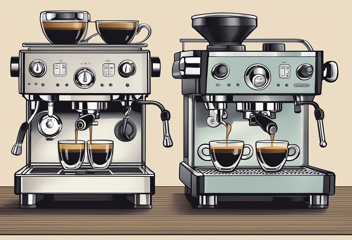 A semi-automatic espresso machine being operated alongside an automatic espresso machine, with steam and coffee pouring from both, showcasing the evolution of espresso technology