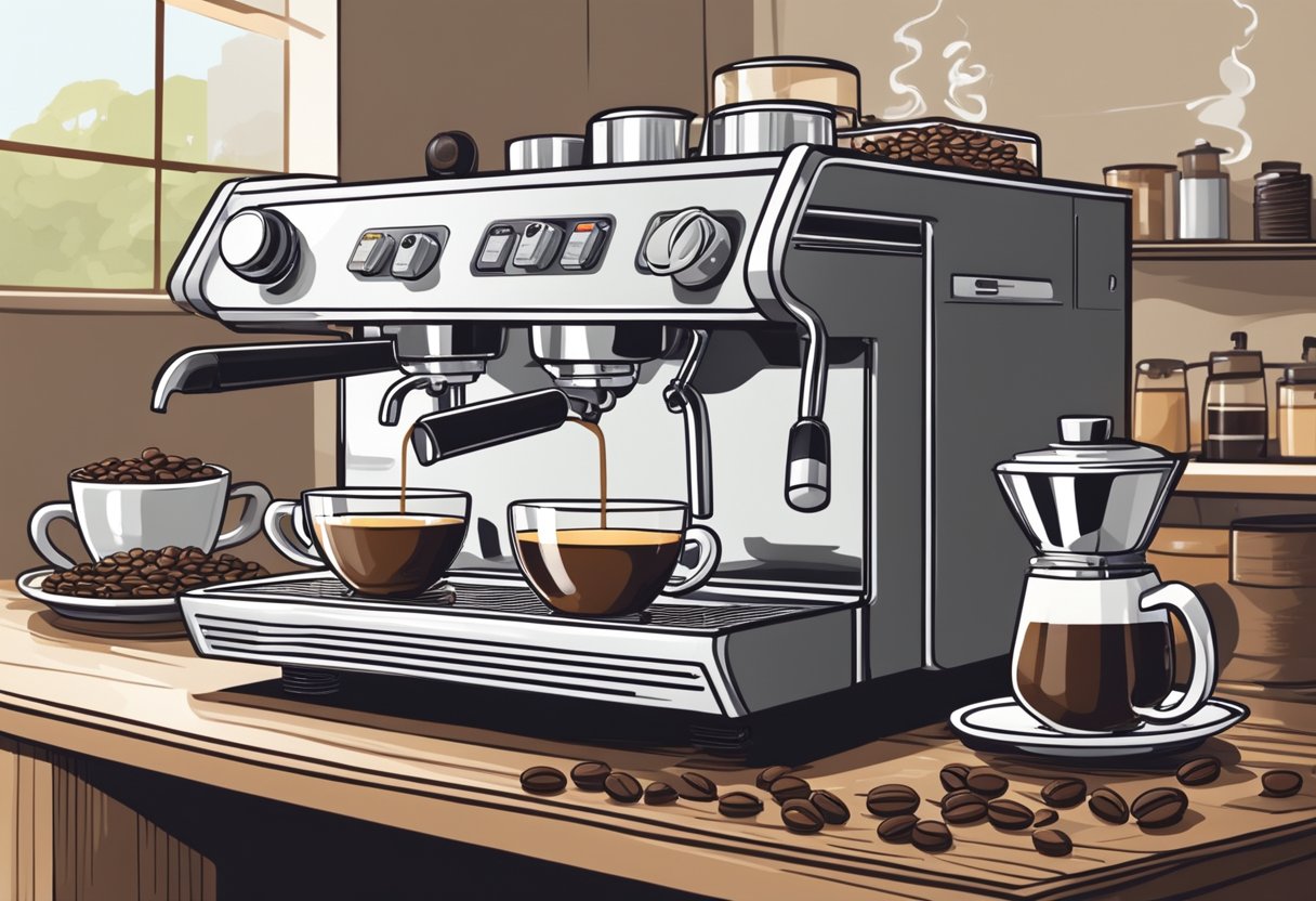 A semi-automatic and automatic espresso machine side by side, with a barista preparing espresso. Steam rising from the machines, coffee beans and grinds scattered around