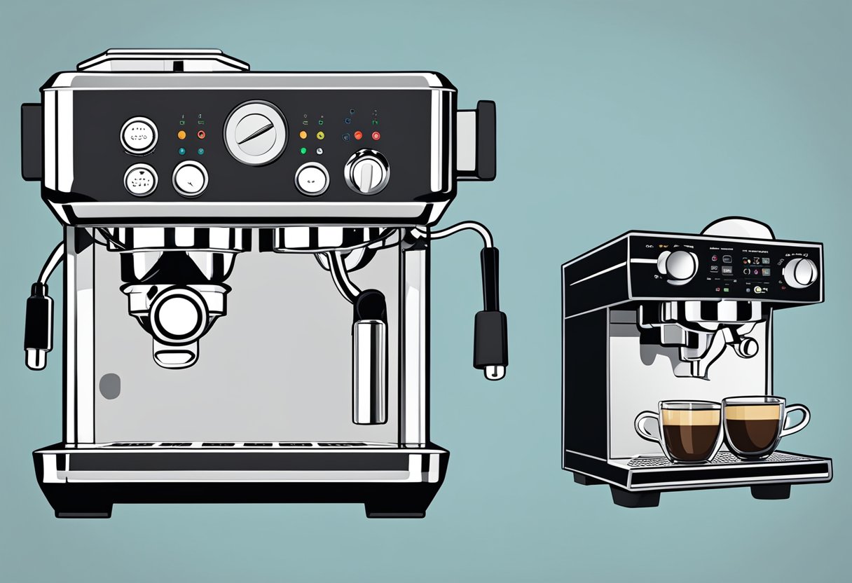 A semi-automatic espresso machine with visible components next to an automatic espresso machine, showing the differences between the two