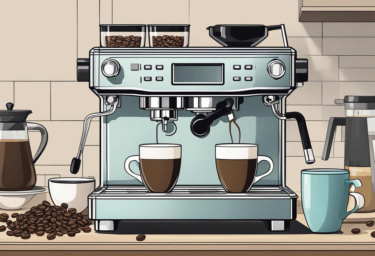 A sleek, modern espresso machine sits on a countertop, surrounded by coffee beans, a milk frother, and a variety of mugs and cups