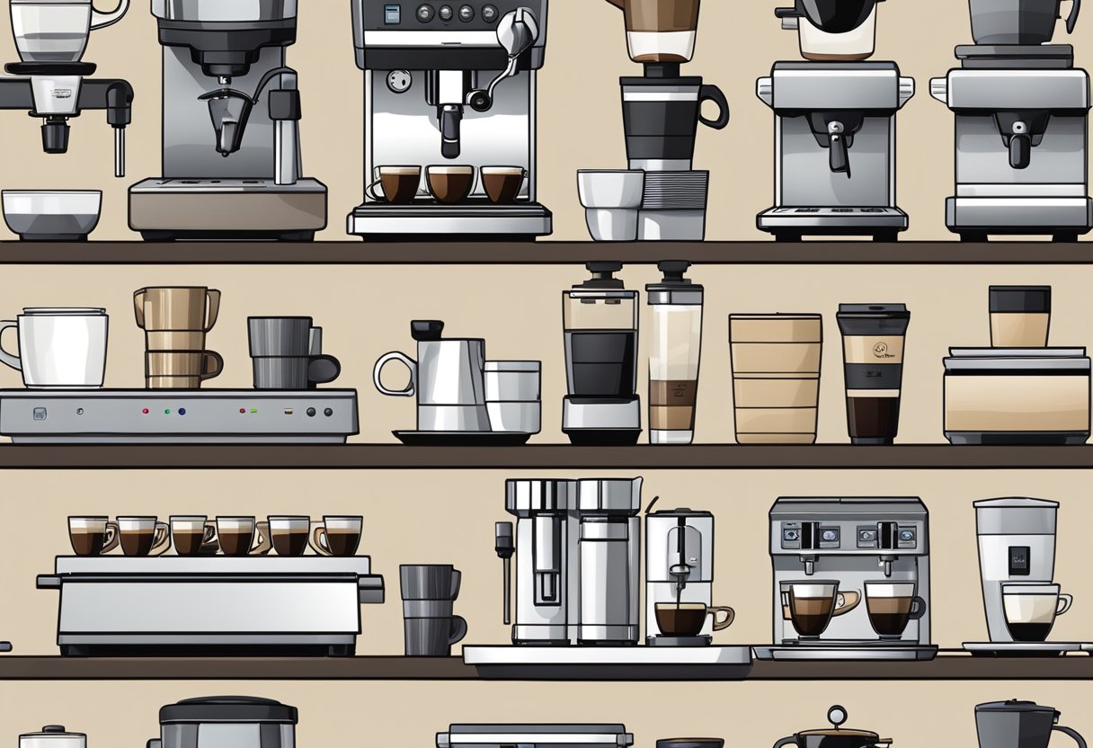 A sleek countertop with various espresso machines lined up, featuring top brands and models
