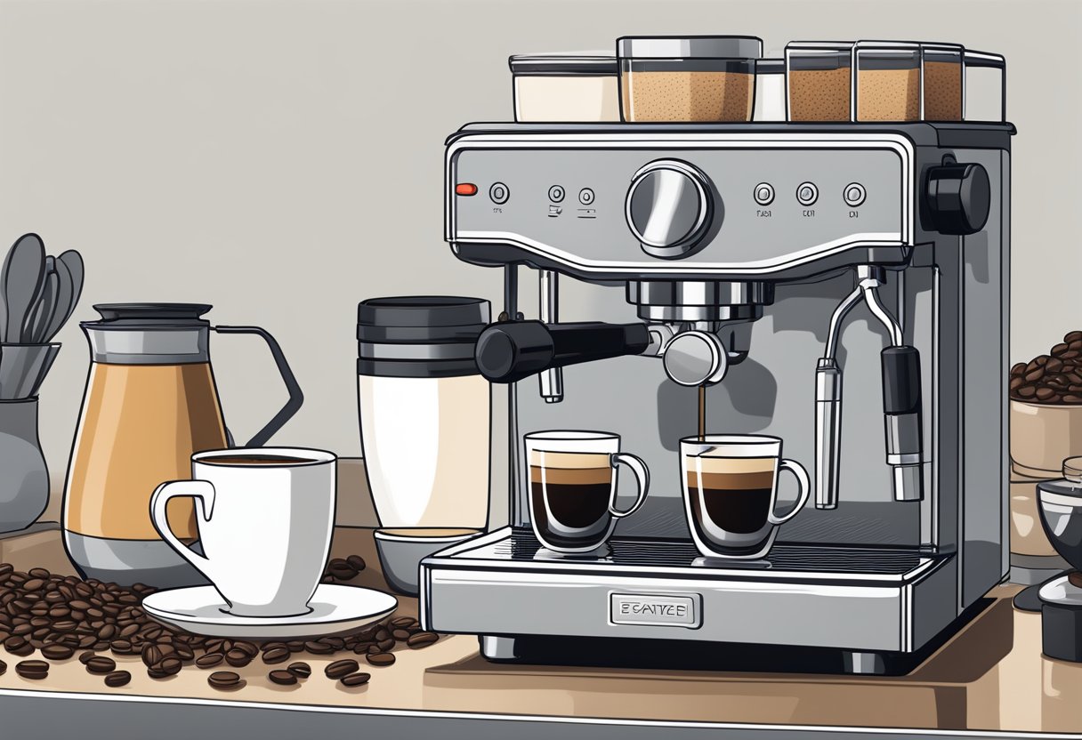 A sleek espresso machine sits on a clean countertop, surrounded by freshly ground coffee beans, a tamper, and a milk frothing pitcher