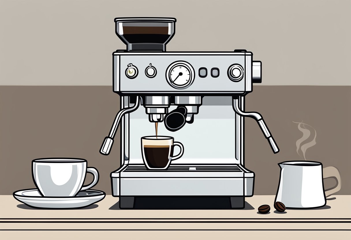 A sleek, modern espresso machine sits on a clean countertop, surrounded by freshly ground coffee beans and a frothing pitcher