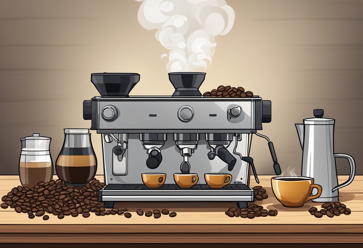 A variety of coffee beans, each roasted to different levels, sit on a wooden table with a steaming espresso machine in the background