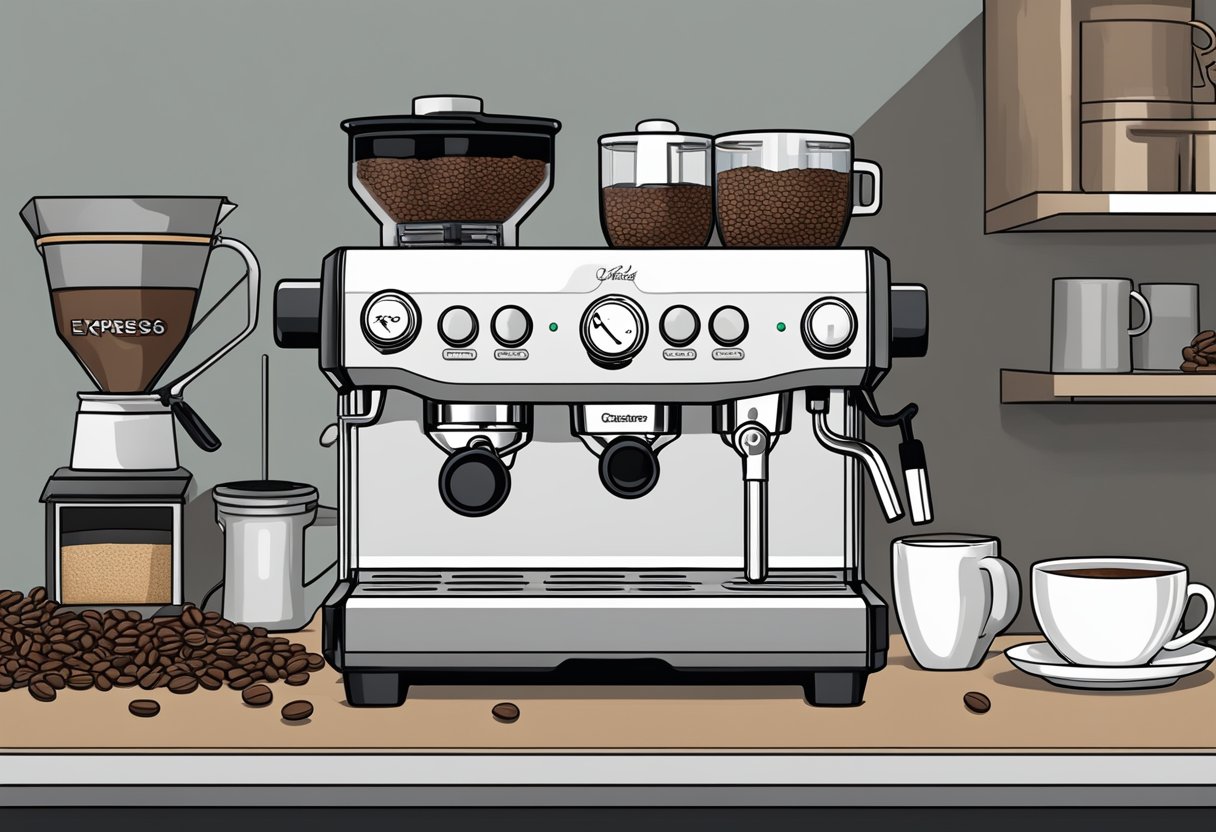 An espresso machine and grinder sit atop a sleek countertop, surrounded by bags of premium coffee beans in various roasts and flavors