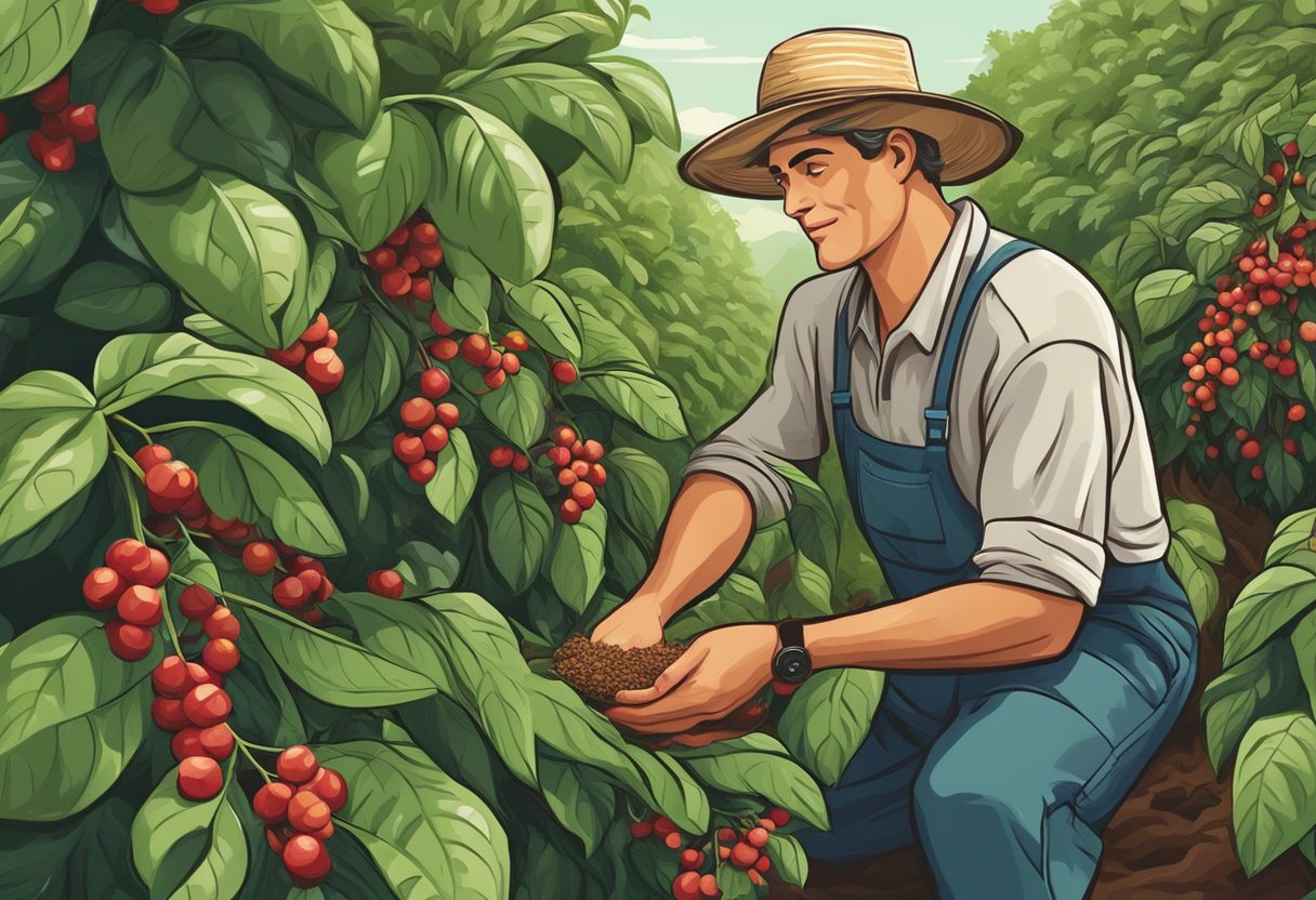 A coffee farmer carefully selects ripe coffee cherries from the lush, green bushes, ensuring ethical and sustainable sourcing for the best espresso beans
