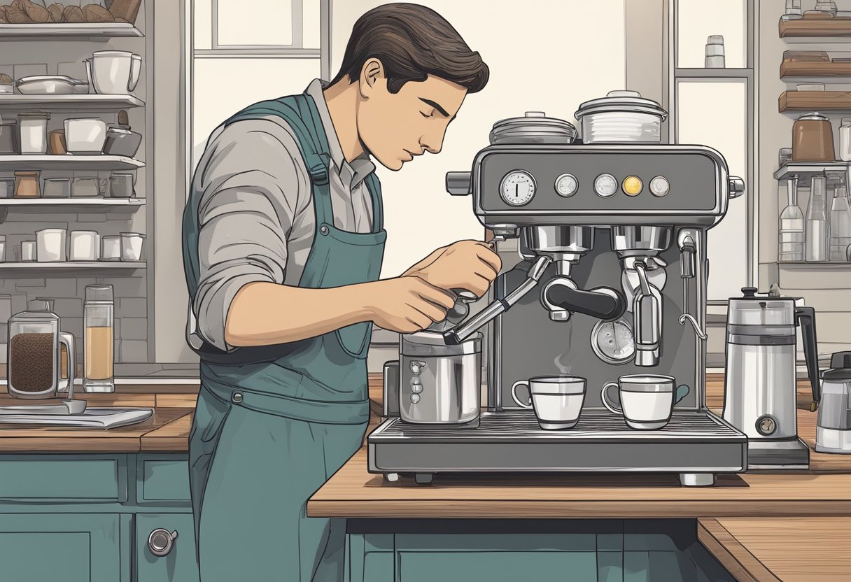 A person examines an espresso machine, checking the water tank, coffee grounds, and steam wand for potential issues