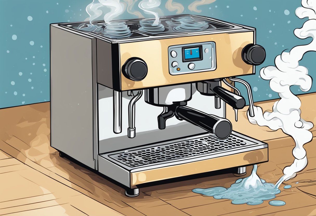 Steam escaping from a malfunctioning espresso machine, water leaking from the base, and a clogged portafilter causing a messy spill