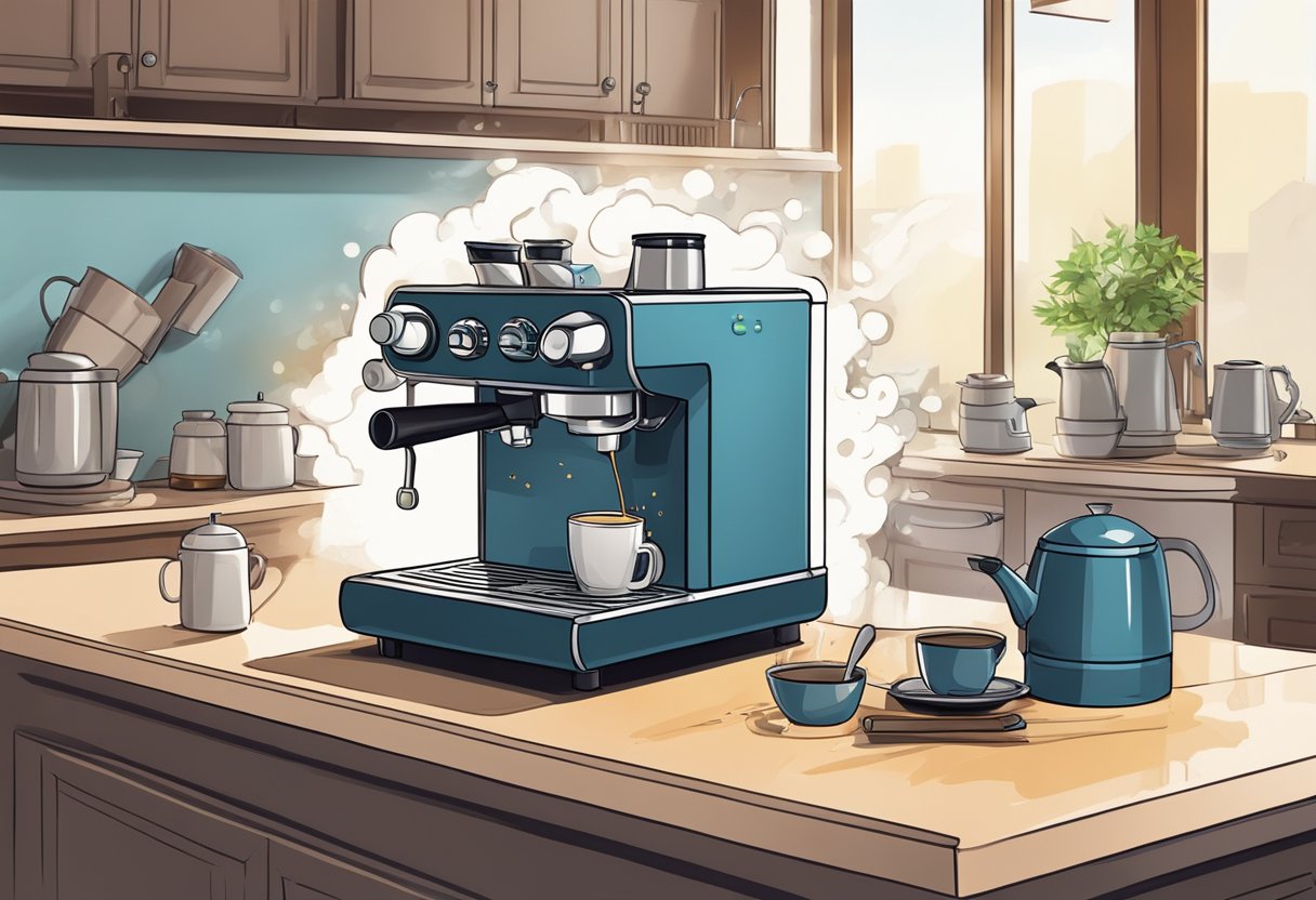 Steam escaping from espresso machine, water reservoir open, tools scattered on countertop. User furrowing brow in frustration