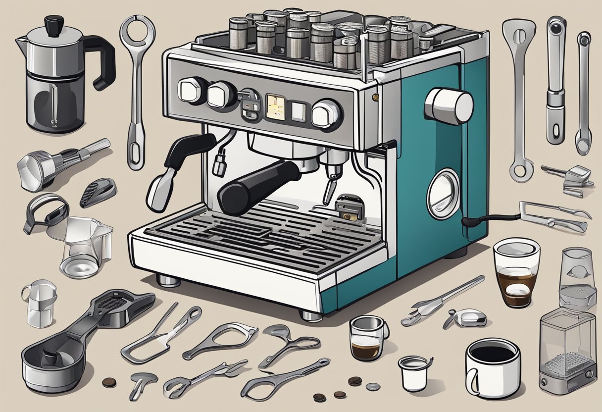 An espresso machine with various parts exposed, surrounded by tools and a manual, as a person troubleshoots