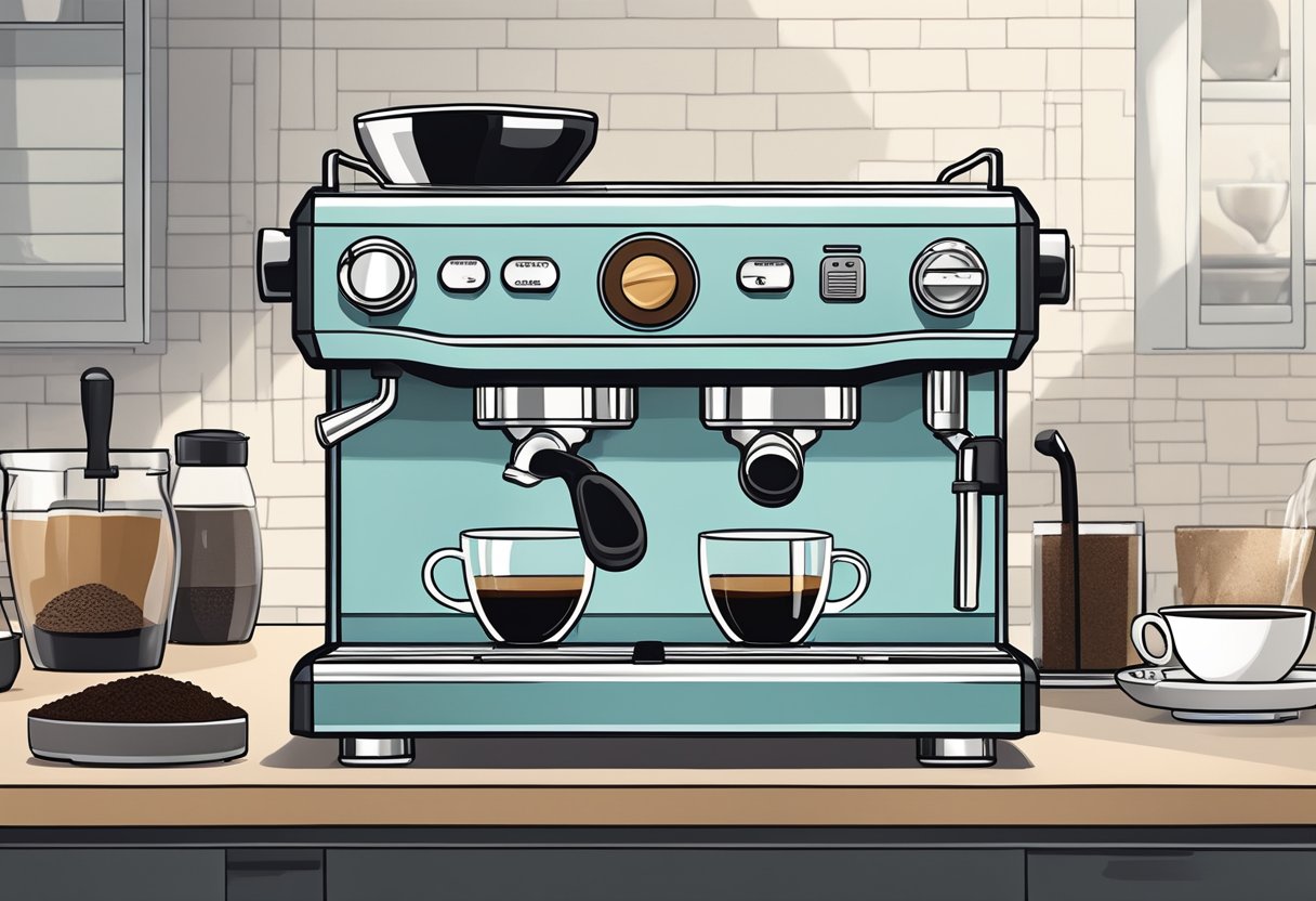 An espresso machine with a portafilter, coffee grounds, and a tamper on a clean, organized countertop