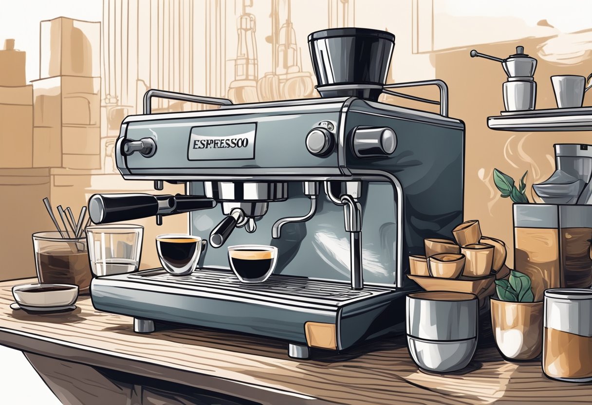 A barista expertly prepares an espresso, adjusting the grind and tamping the coffee grounds with precision. The espresso machine hisses as the rich, dark liquid flows into a small cup