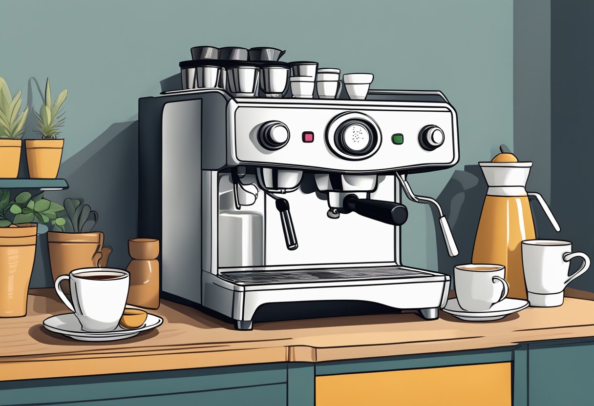 A cozy kitchen with a sleek espresso machine on the counter, surrounded by coffee mugs and the aroma of freshly brewed coffee