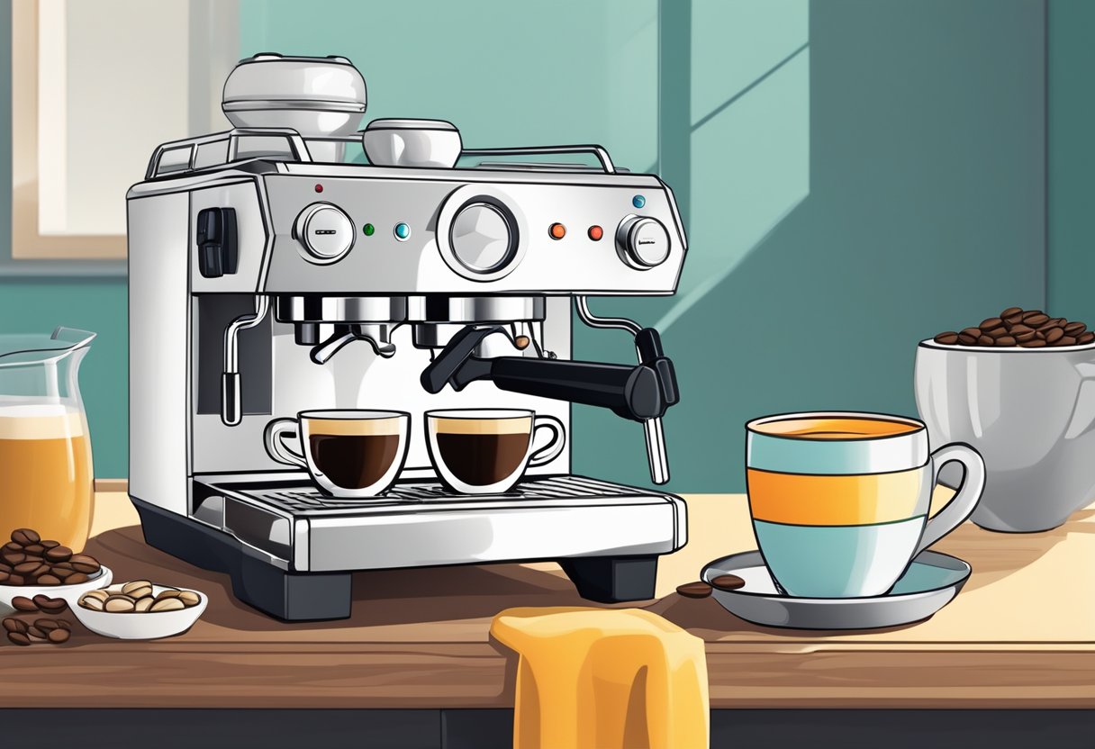 A modern espresso machine on a clean kitchen counter, surrounded by coffee beans, a milk frother, and a variety of colorful mugs and saucers