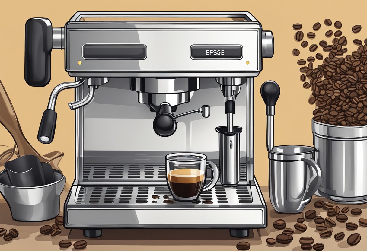 A modern espresso machine sits on a clean countertop, surrounded by freshly ground coffee beans and a variety of sleek, stainless steel brewing tools