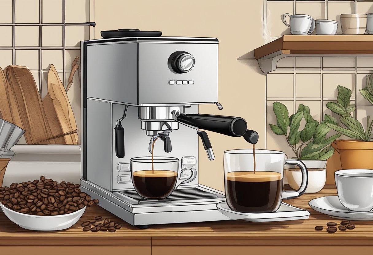 A cozy kitchen with a sleek espresso machine on the counter, surrounded by freshly ground coffee beans and a steaming cup of espresso