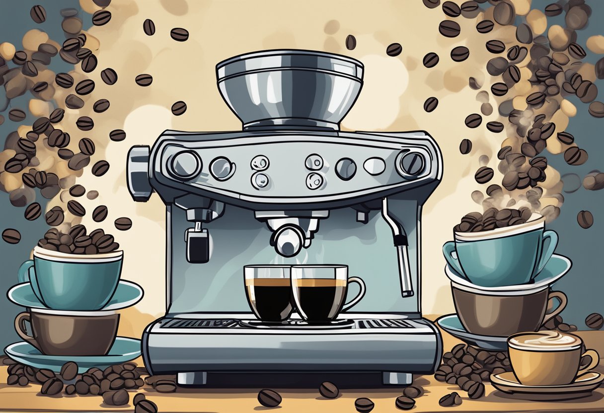 A steaming espresso machine surrounded by scattered coffee beans and a stack of empty cups, with a contemplative person in the background