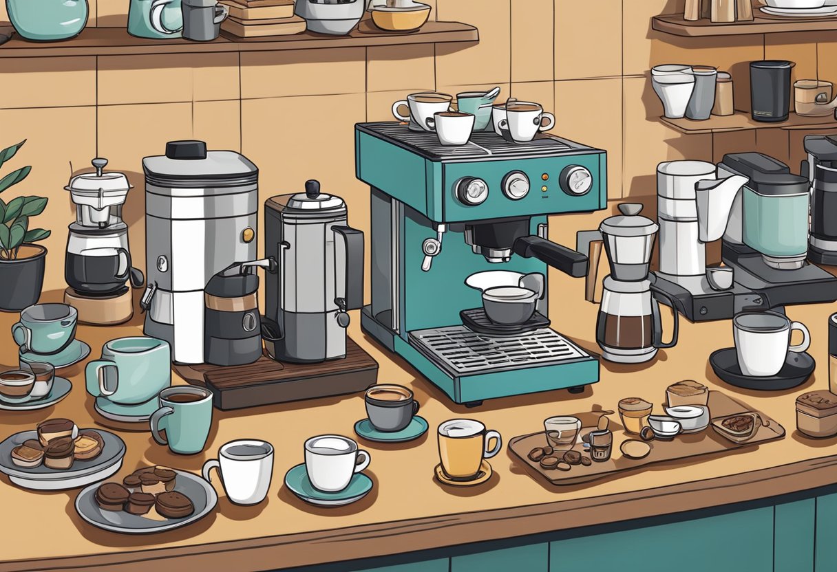 A cluttered countertop with various budget espresso machines and coffee accessories