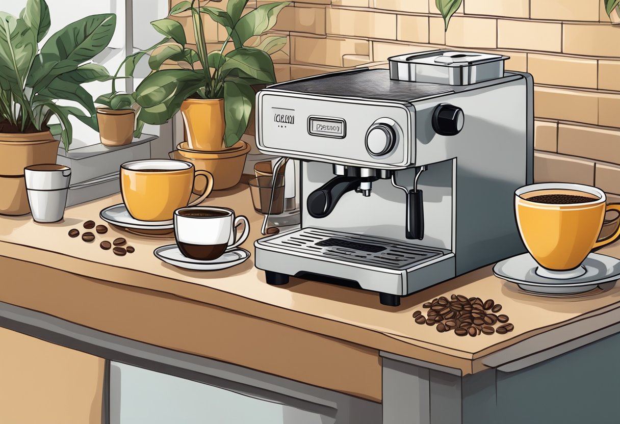 A cozy kitchen countertop with a budget-friendly espresso machine, surrounded by coffee mugs and freshly ground coffee beans