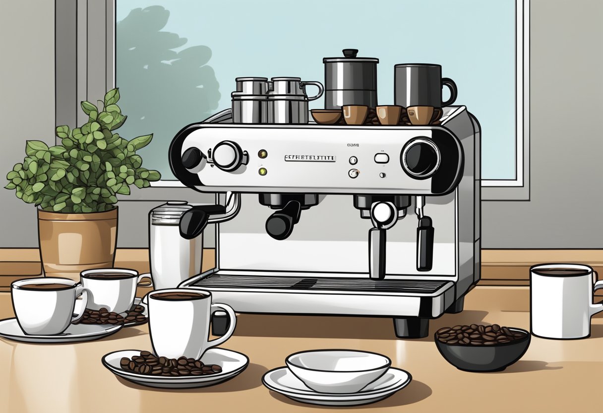 A modern kitchen with a sleek budget espresso machine on a clean countertop, surrounded by coffee mugs and a bag of coffee beans