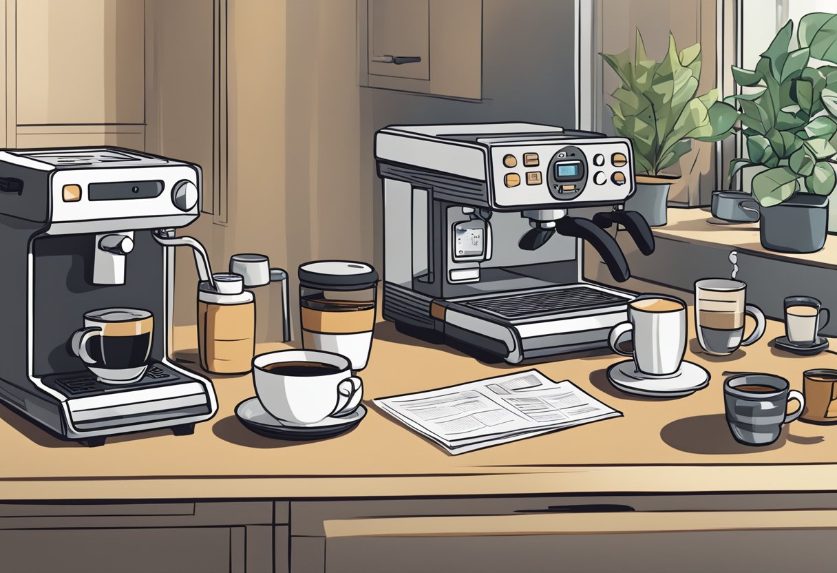 A cluttered countertop with various espresso machines and a stack of papers labeled "Frequently Asked Questions" next to a laptop