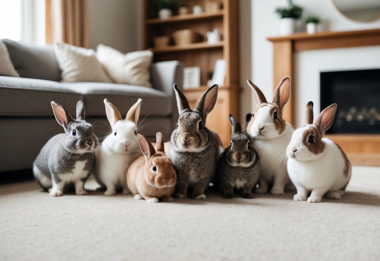 A cozy living room with 7 different small rabbit breeds happily playing and interacting with each other