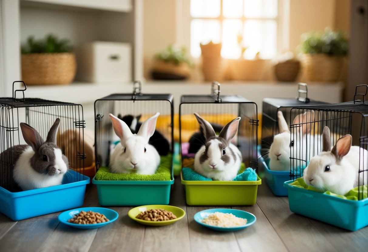 A cozy indoor setting with seven different small rabbit breeds in individual cages, each with their own food and water dishes, toys, and comfortable bedding