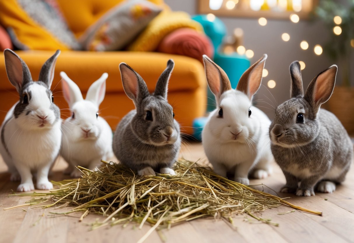 A group of small rabbits of different breeds exhibiting various behaviors, such as hopping, grooming, and nibbling on hay in a cozy and colorful pet-friendly environment