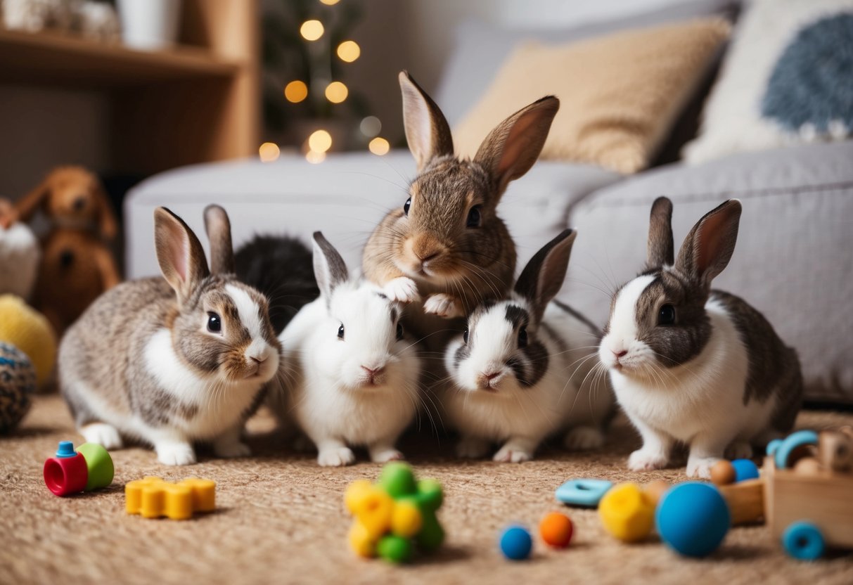 A group of small rabbits of different breeds playing and interacting in a cozy indoor setting, with various toys and accessories scattered around