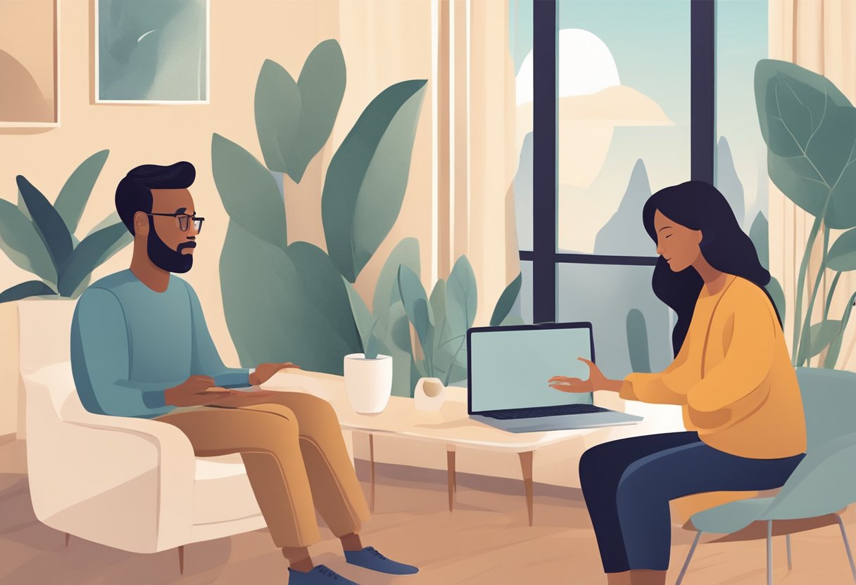 A serene virtual therapy session, with a counselor and client engaging in a meaningful conversation. The counselor's compassionate demeanor and the client's attentive posture convey the continuity and quality of care in online addiction treatment