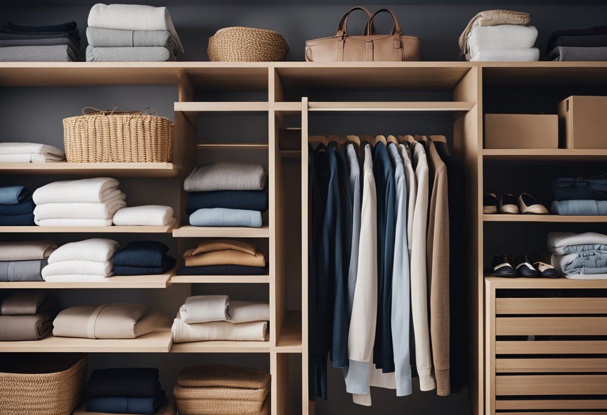 A closet filled with classic, high-quality clothing made from eco-friendly materials, neatly organized and free of excess clutter